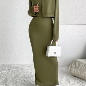 Casual Solid Long Sleeve Coat Sleeveless Bodycon Dress