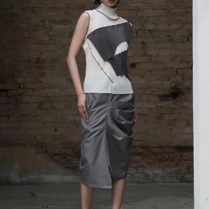 Casual Solid Pleated Turtleneck Sleeveless High Elastic T-shirt