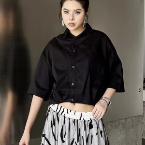 Casual Solid Single Breasted Short Lapel Half Sleeve Blouse Shirt