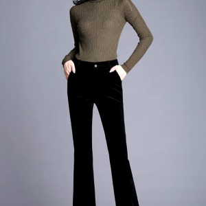 Casual Solid button fly High Waisted Slim Thicken Wide Leg Micro Horn Pants