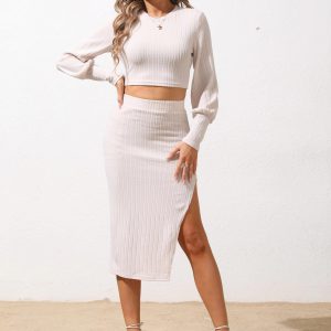 Casual Solid color round neck balloon sleeve top split slim fit hip skirt set