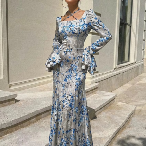 Casual Square Collar Long Sleeve Bodycon Slim Print Maxi Dress