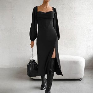 Casual Square Neck Lace-Up Backless Birthday Party Prom Slit Midi Dress