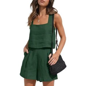 Casual Square Neck Sleeveless Cotton Linen Shorts Exposure Trendy Top 2-piece Set
