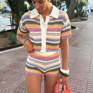 Casual Striped Turn-down Collar Cute Short Sleeve Holiday Chic T-Shirt