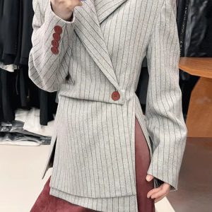 Casual Striped Printting Asymmetrical Chic Notched Collar Long Sleeve Slimming Blazer
