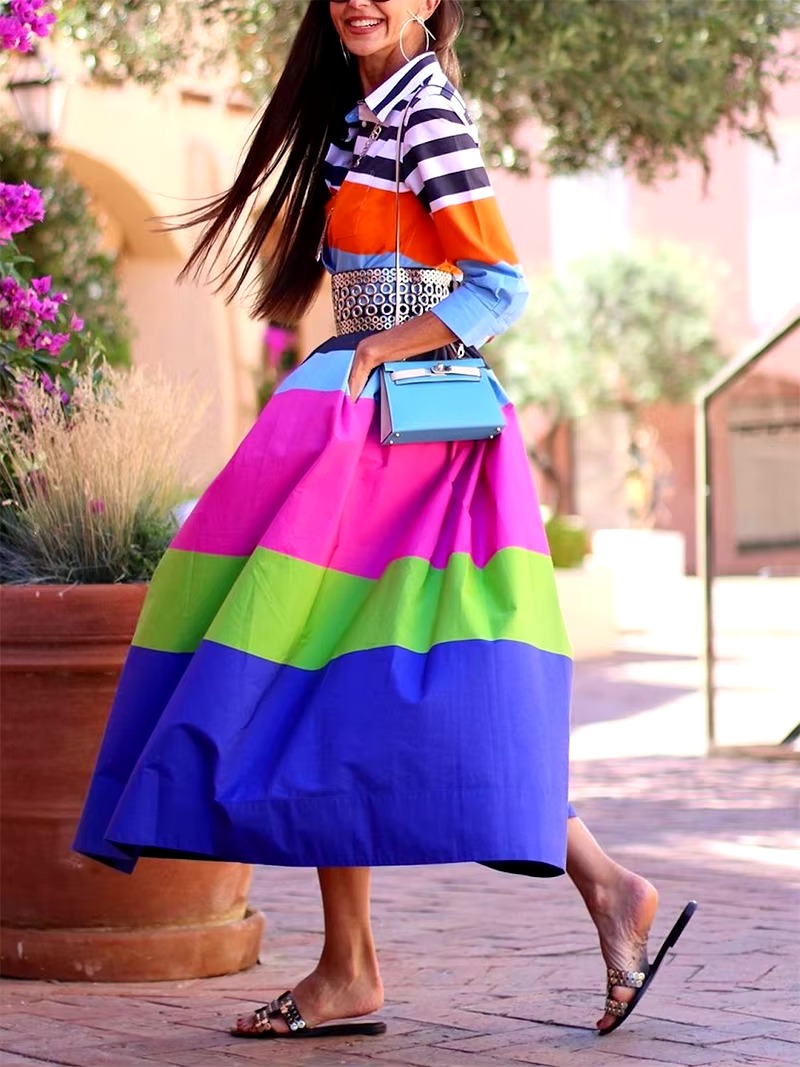 Casual Striped Turn-down Collar empire Waist Pleated A-LINE Vacation Shirt Dresses - Image 2