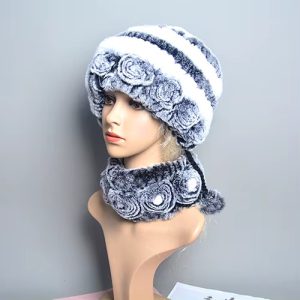 Casual Thick Natural Warm Rex Rabbit Fur Hat Scarf 2 Pieces