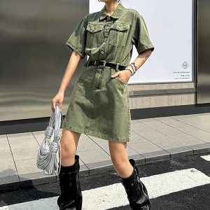 Casual Turn-down Collar Belted Lapel Short Sleeve Big Size Pocket Mini Dress