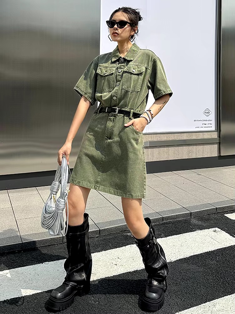 Casual Turn-down Collar Belted Lapel Short Sleeve Big Size Pocket Mini Dress
