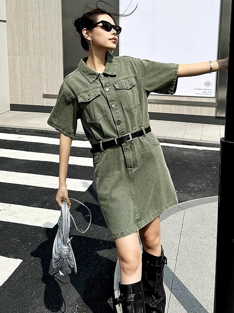 Casual Turn-down Collar Belted Lapel Short Sleeve Big Size Pocket Mini Dress - Image 2