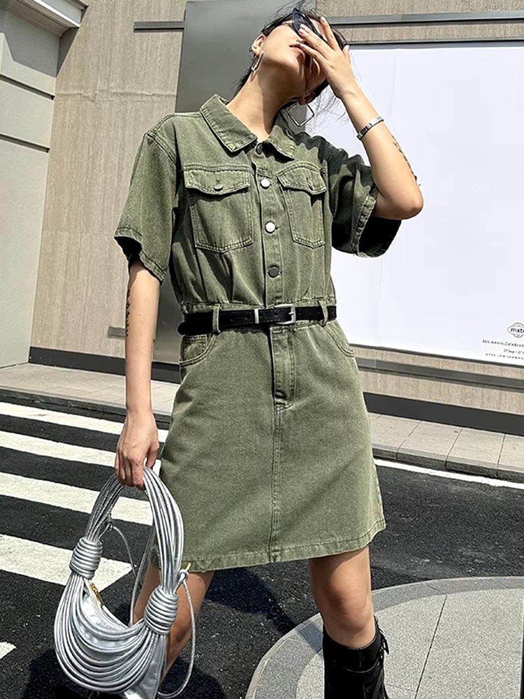 Casual Turn-down Collar Belted Lapel Short Sleeve Big Size Pocket Mini Dress - Image 3