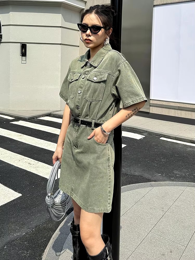 Casual Turn-down Collar Belted Lapel Short Sleeve Big Size Pocket Mini Dress - Image 4