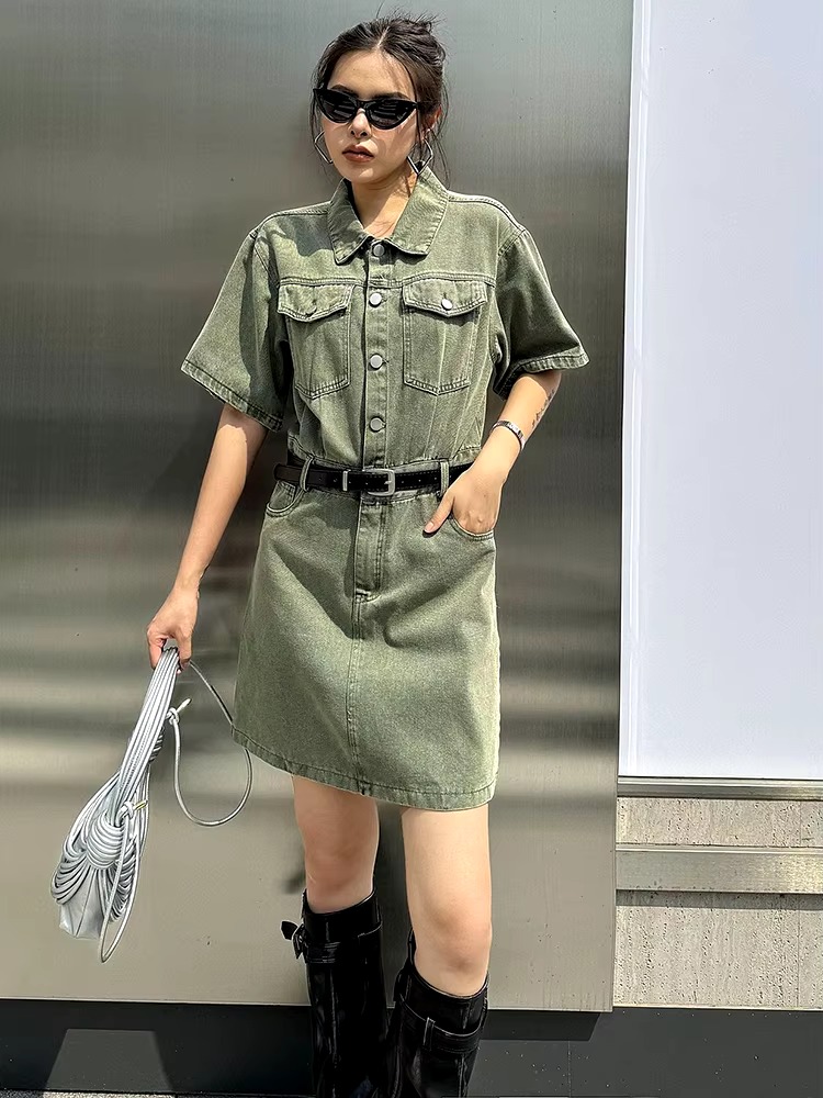 Casual Turn-down Collar Belted Lapel Short Sleeve Big Size Pocket Mini Dress - Image 5
