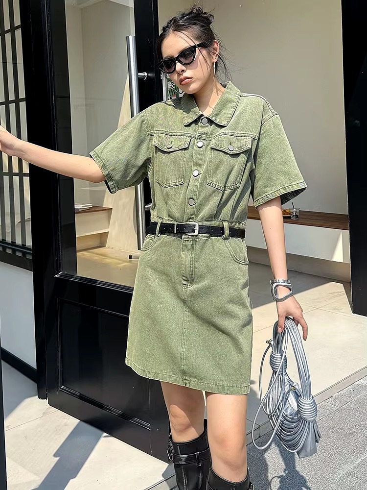 Casual Turn-down Collar Belted Lapel Short Sleeve Big Size Pocket Mini Dress - Image 6