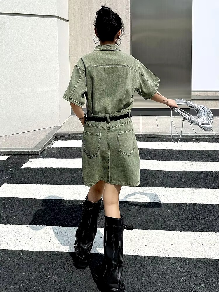 Casual Turn-down Collar Belted Lapel Short Sleeve Big Size Pocket Mini Dress - Image 7