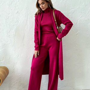 Casual Turtleneck Knitted Cardigan Coat And Pant 3 Piece Set