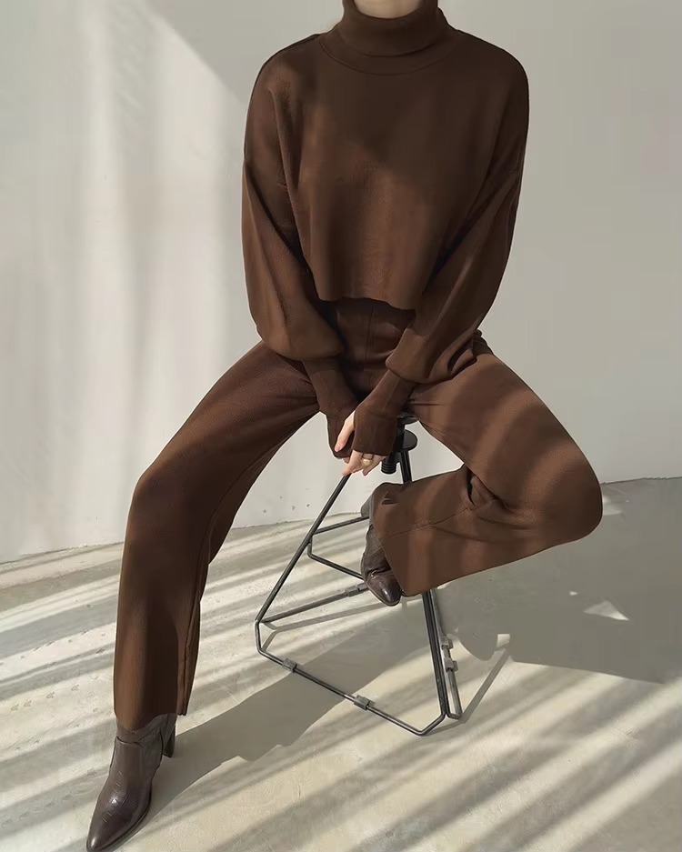 Casual Turtleneck Tops And Loose Wide Leg Pants Two Pieces Sets - Image 14