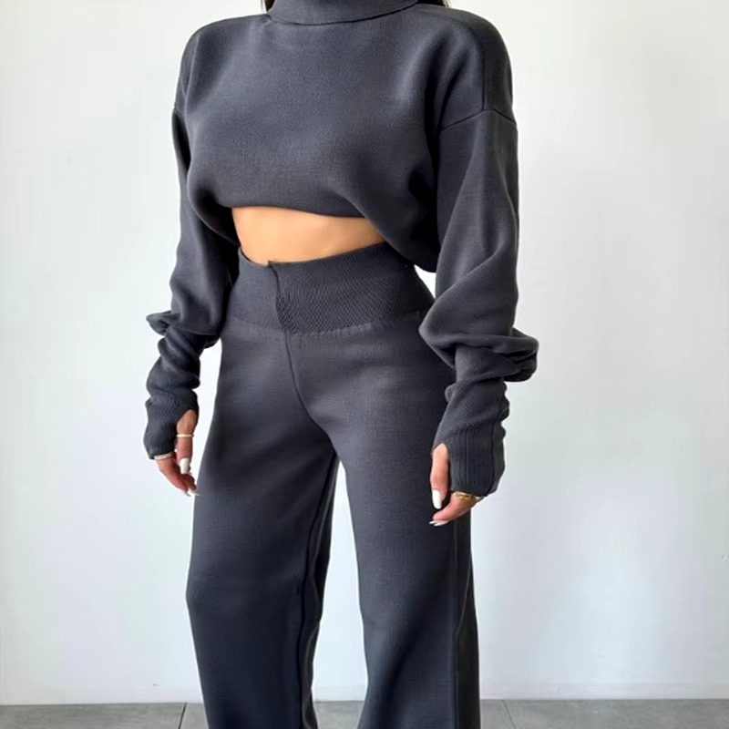 Casual Turtleneck Tops And Loose Wide Leg Pants Two Pieces Sets - Image 12