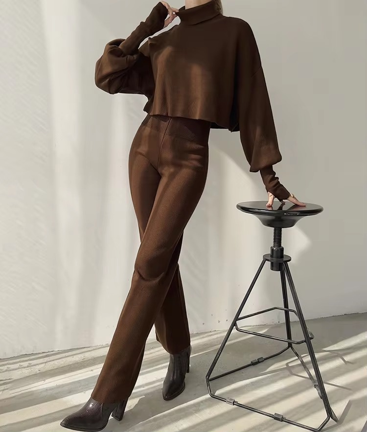 Casual Turtleneck Tops And Loose Wide Leg Pants Two Pieces Sets - Image 15