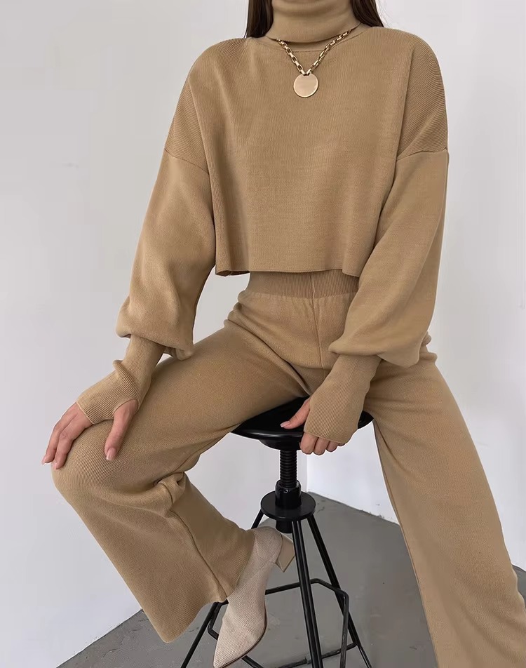 Casual Turtleneck Tops And Loose Wide Leg Pants Two Pieces Sets - Image 16