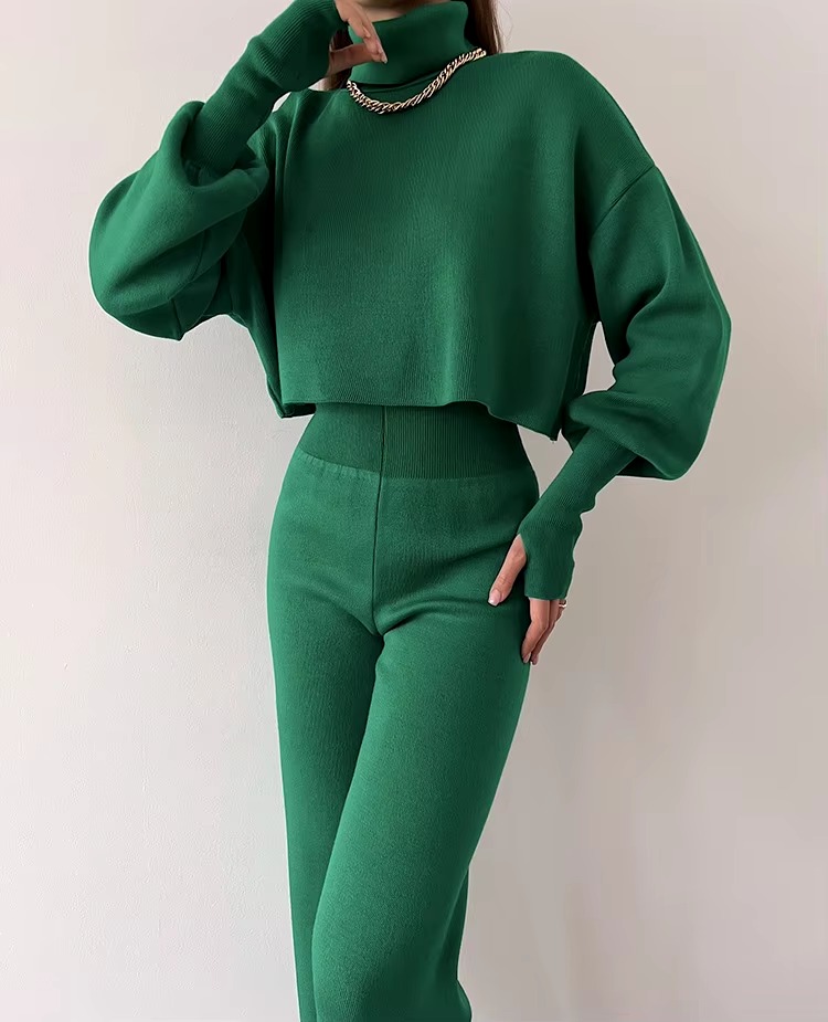 Casual Turtleneck Tops And Loose Wide Leg Pants Two Pieces Sets - Image 4