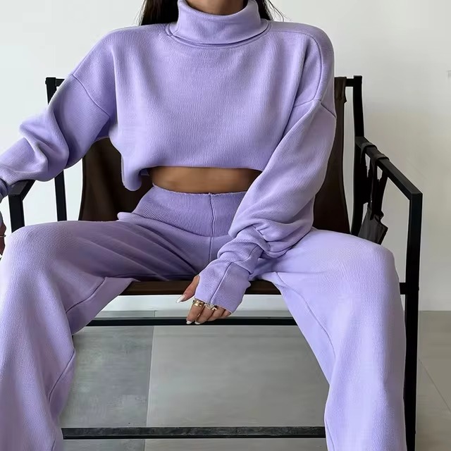 Casual Turtleneck Tops And Loose Wide Leg Pants Two Pieces Sets - Image 3