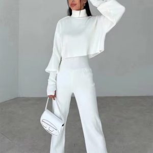 Casual Turtleneck Tops And Loose Wide Leg Pants Two Pieces Sets