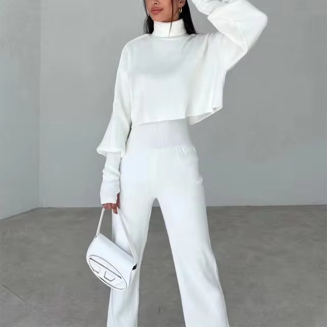 Casual Turtleneck Tops And Loose Wide Leg Pants Two Pieces Sets