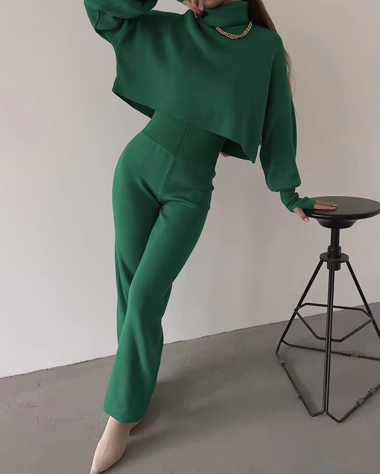 Casual Turtleneck Tops And Loose Wide Leg Pants Two Pieces Sets - Image 6