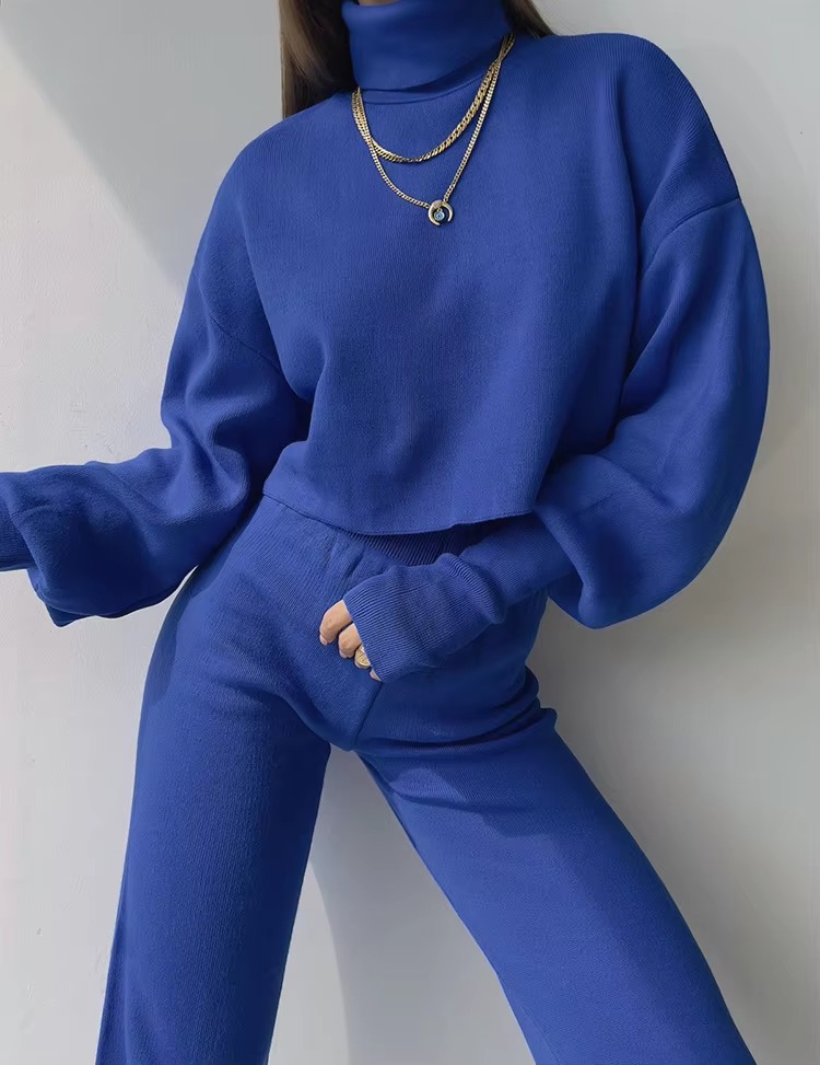 Casual Turtleneck Tops And Loose Wide Leg Pants Two Pieces Sets - Image 7