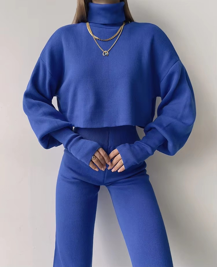 Casual Turtleneck Tops And Loose Wide Leg Pants Two Pieces Sets - Image 8