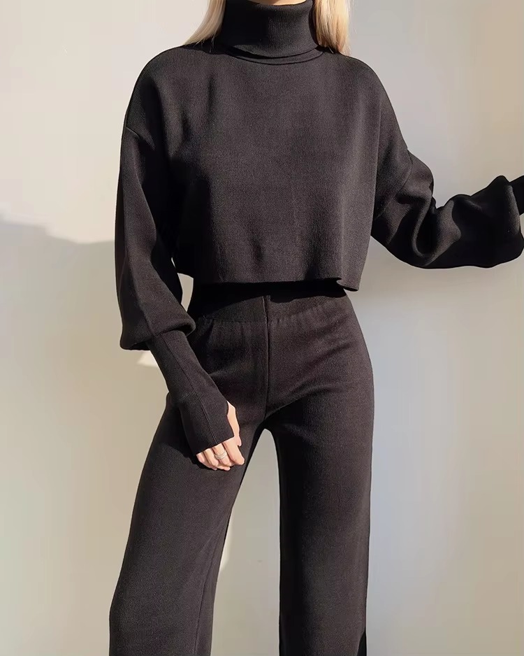 Casual Turtleneck Tops And Loose Wide Leg Pants Two Pieces Sets - Image 10
