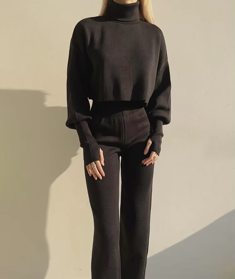 Casual Turtleneck Tops And Loose Wide Leg Pants Two Pieces Sets - Image 11