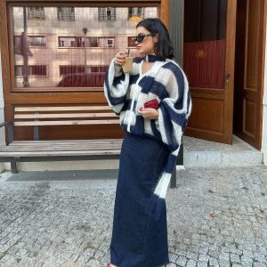 Casual V Neck Lantern Sleeved Striped Knit Cardigan With Scarf Sweater 002_11zon