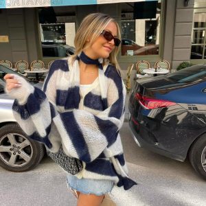 Casual V Neck Lantern Sleeved Striped Knit Cardigan With Scarf Sweater 007_11zon