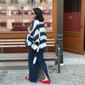 Casual V Neck Lantern Sleeved Striped Knit Cardigan With Scarf Sweater 010_11zon