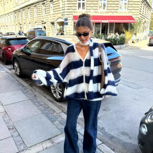 Casual V Neck Lantern Sleeved Striped Knit Cardigan With Scarf Sweater