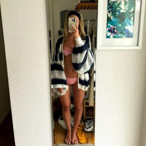 Casual V Neck Lantern Sleeved Striped Knit Cardigan With Scarf Sweater 22100_11zon