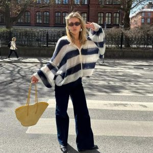 Casual V Neck Lantern Sleeved Striped Knit Cardigan With Scarf Sweater 585_11zon