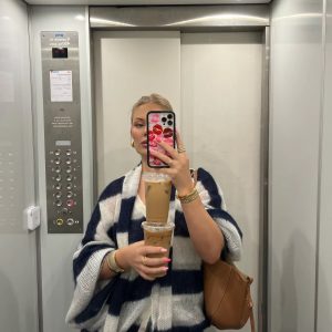 Casual V Neck Lantern Sleeved Striped Knit Cardigan With Scarf Sweater 9595_11zon