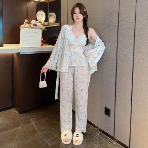 Casual Velvet Cherry Printed Lace Three Piece Pant Set Sleepwear