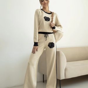 Casual Viscose Knitted Floral Sweater Two Piece Set