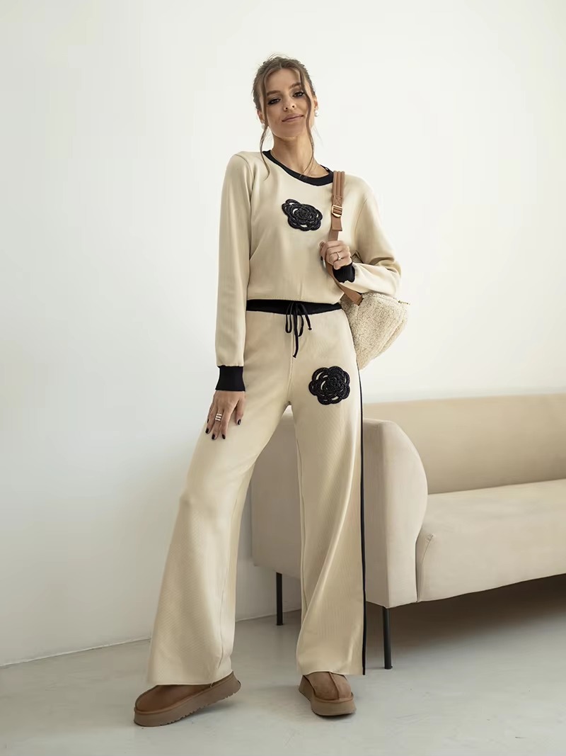 Casual Viscose Knitted Floral Sweater Two Piece Set