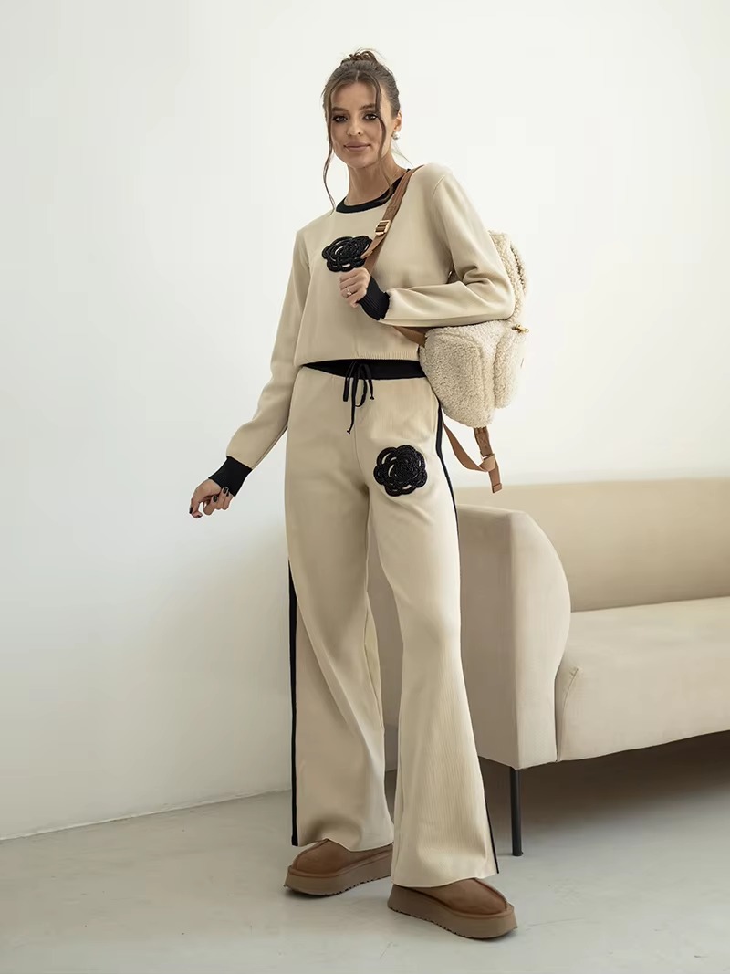 Casual Viscose Knitted Floral Sweater Two Piece Set - Image 2