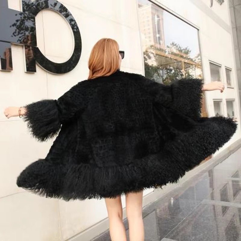 Casual With Mongolia Sheep Fur Sleeve Natural Rabbit Fur Coat - Image 15