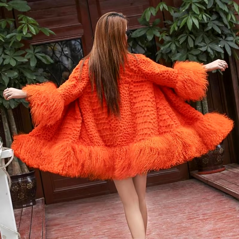Casual With Mongolia Sheep Fur Sleeve Natural Rabbit Fur Coat - Image 8