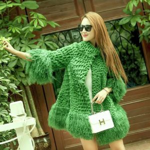 Casual With Mongolia Sheep Fur Sleeve Natural Rabbit Fur Coat