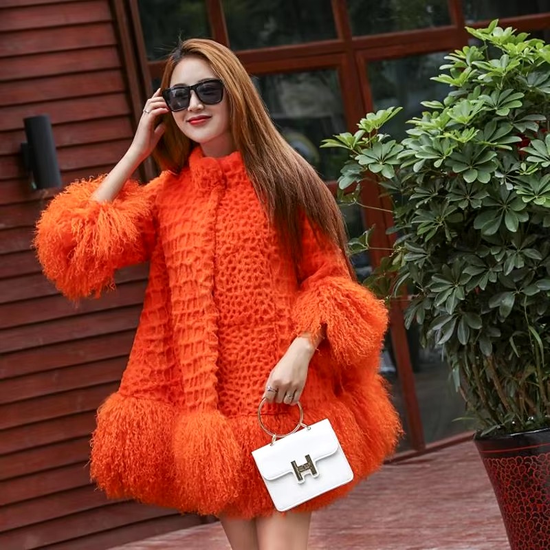 Casual With Mongolia Sheep Fur Sleeve Natural Rabbit Fur Coat - Image 7