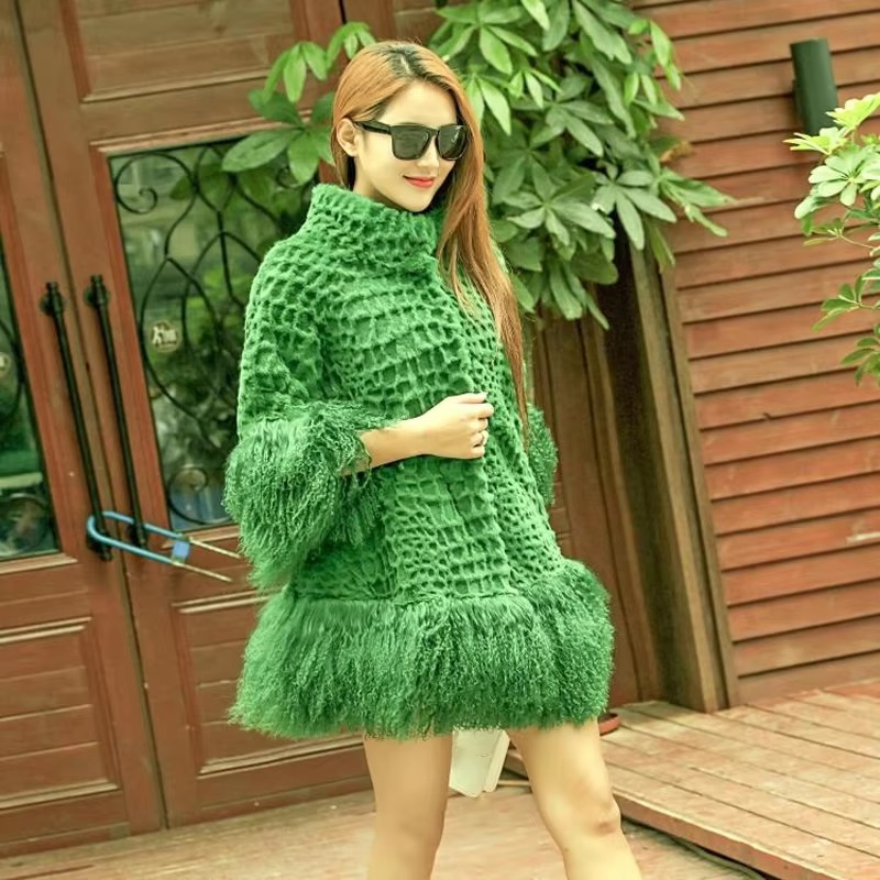 Casual With Mongolia Sheep Fur Sleeve Natural Rabbit Fur Coat - Image 2